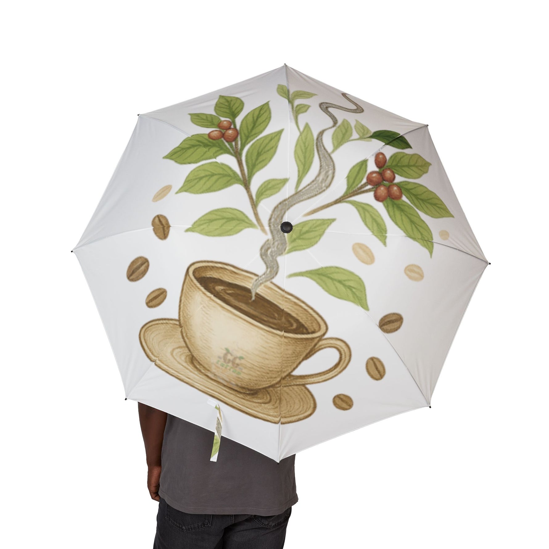 Coffee-inspired foldable umbrella featuring a coffee cup and plant design, perfect for coffee lovers.