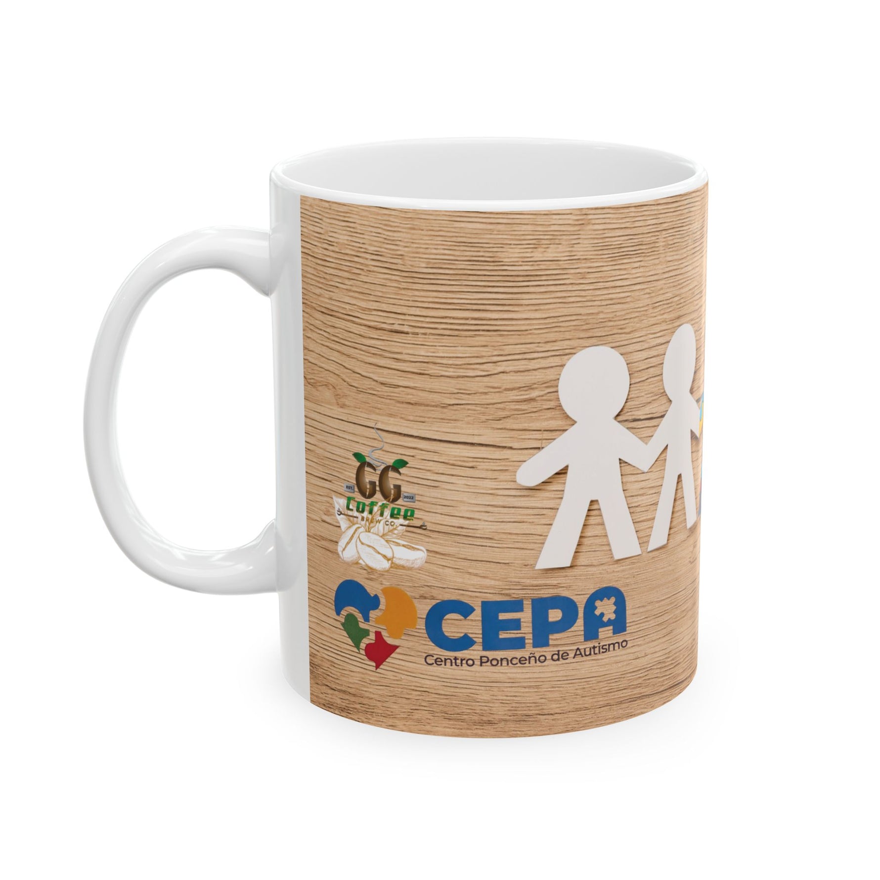 Puzzle Piece Ceramic Mug featuring figures symbolizing unity and the CEPA logo for autism support.