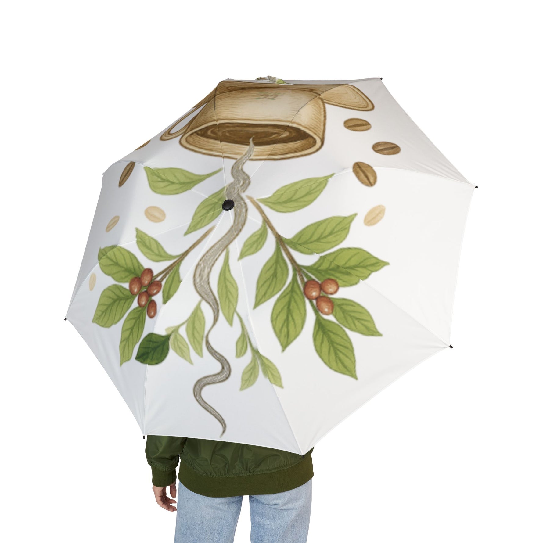 Coffee-inspired foldable umbrella featuring coffee beans and leaves design, perfect for coffee lovers.