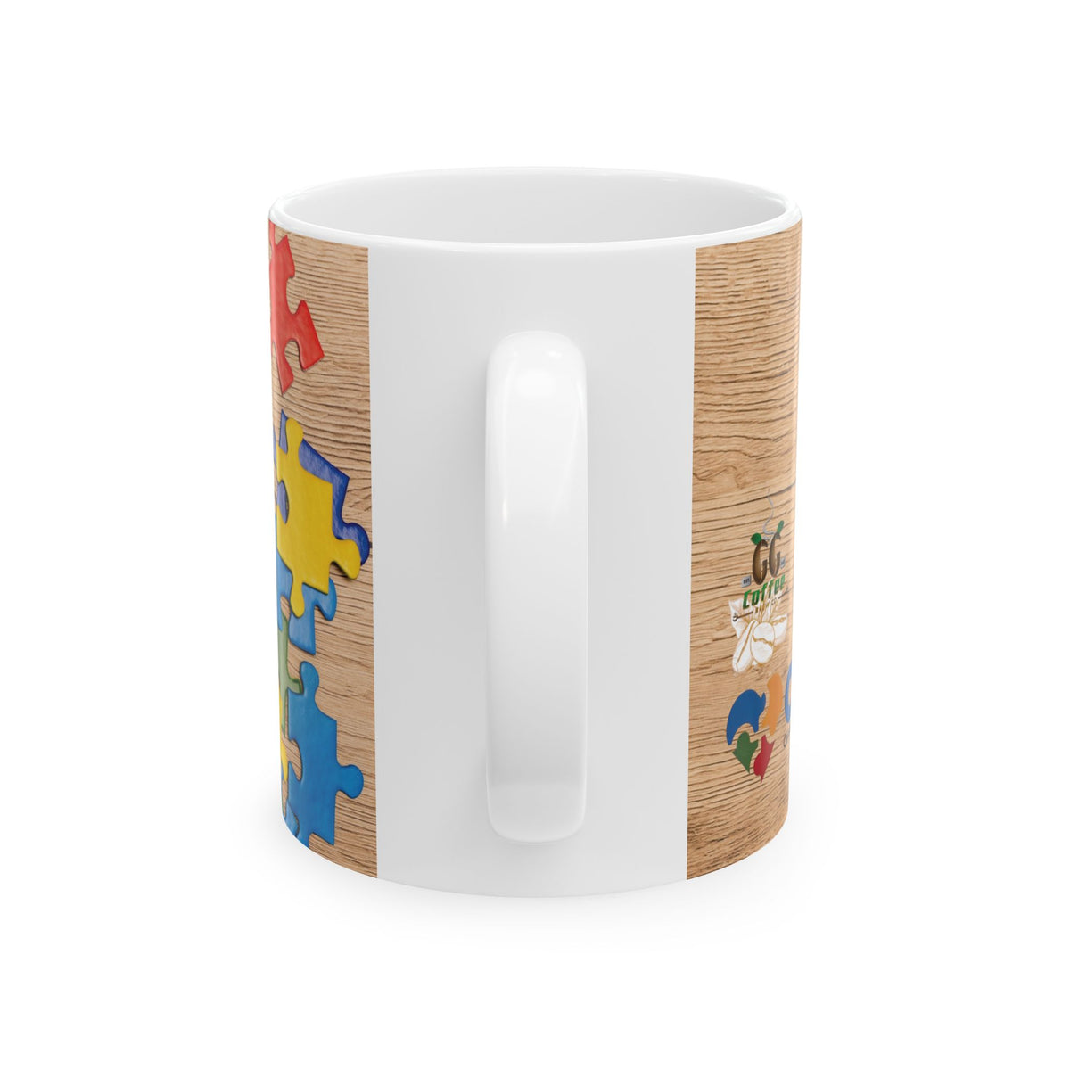 Puzzle Piece Ceramic Mug featuring colorful puzzle pieces on a wood background, ideal for coffee or tea.