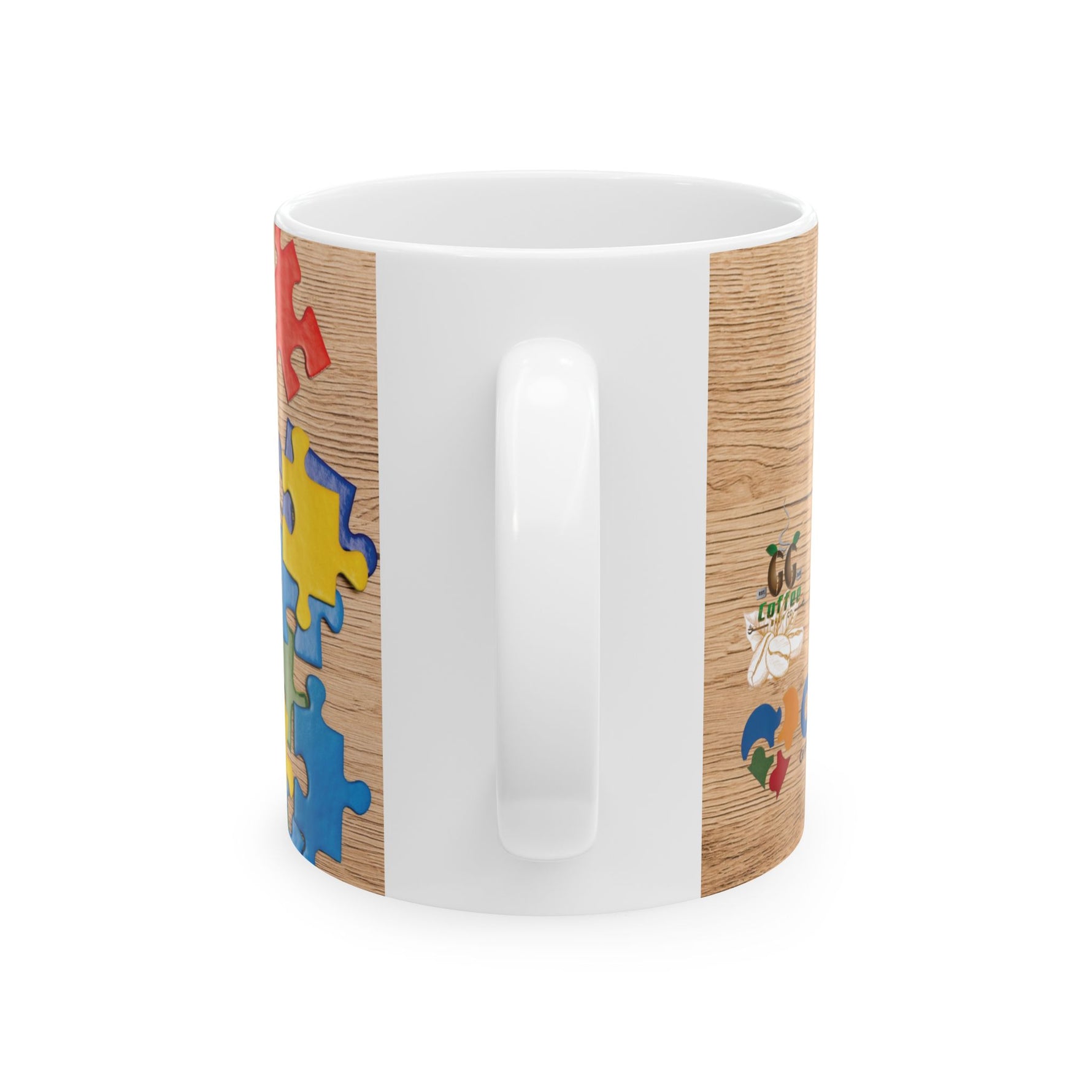 Puzzle Piece Ceramic Mug featuring colorful puzzle pieces on a wood background, ideal for coffee or tea.