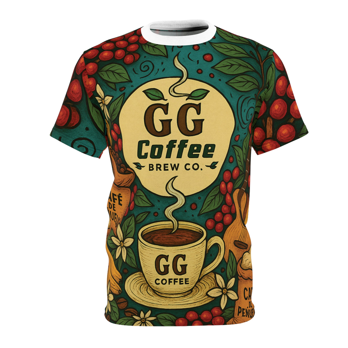 All-Over Print Tee GG Coffee Brew Co. – vista trasera con diseño de cafetería
