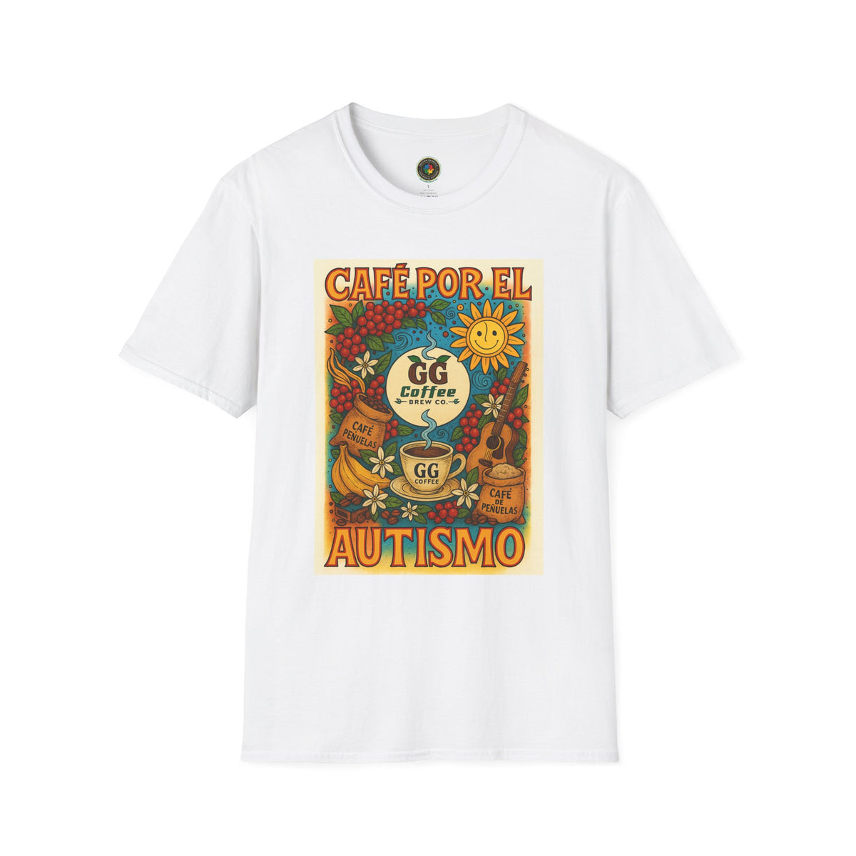 Café por el Autismo Coffee T-Shirt GG Coffee Brew Co. – vista frontal con arte vintage español