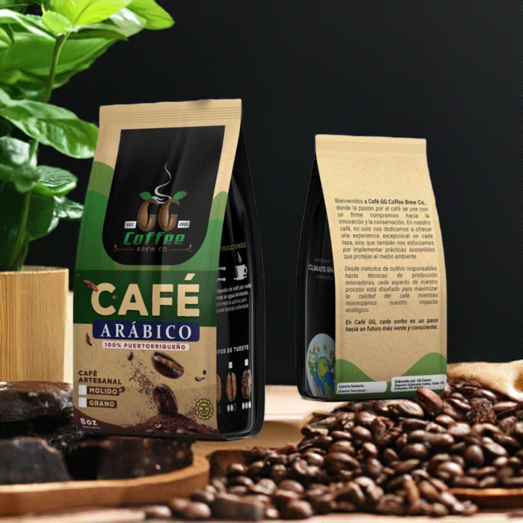 GG Coffee Brew 8 oz, medium roast whole bean coffee packaging, Puerto Rican single-origin.