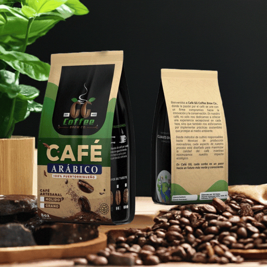 GG Coffee Brew 8 oz, medium roast whole bean coffee packaging, Puerto Rican single-origin.