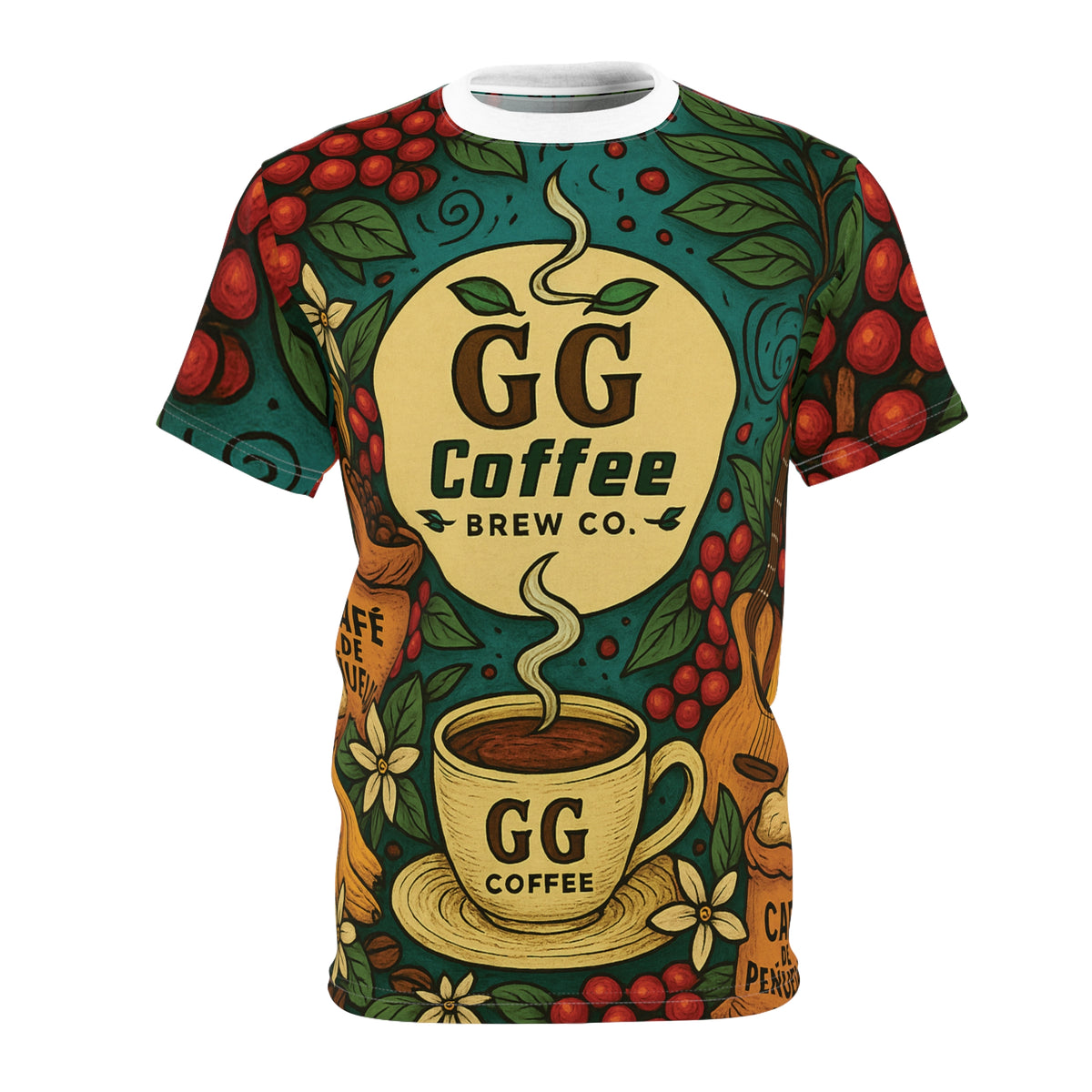 GG Coffee Brew Co. All-Over Print Tee – camiseta con estampado completo de café, vista frontal