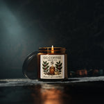 Coffee aroma scented soy candle in a dark setting, perfect for cozy home decor and gifts.
