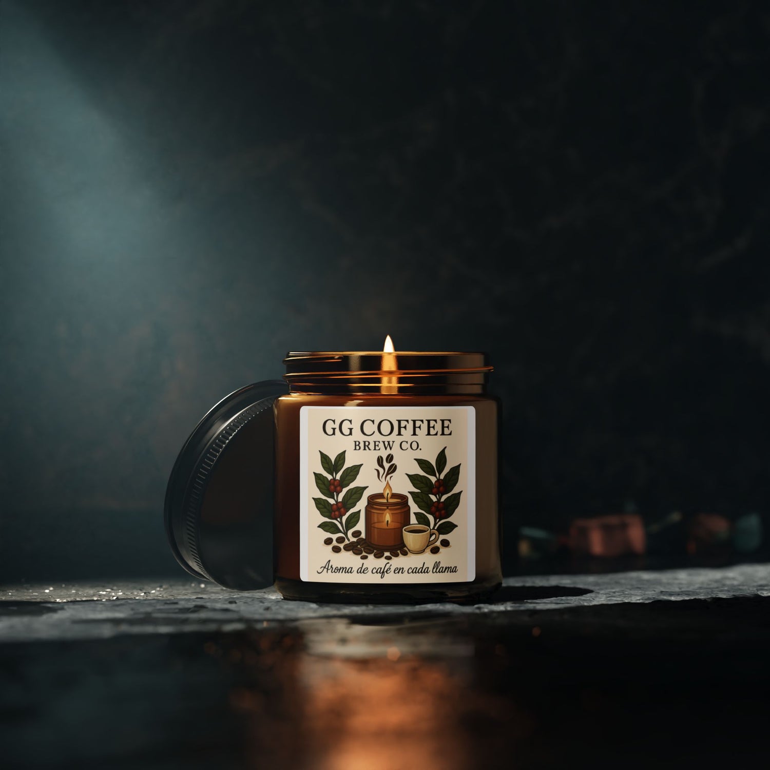 Coffee aroma scented soy candle in a dark setting, perfect for cozy home decor and gifts.