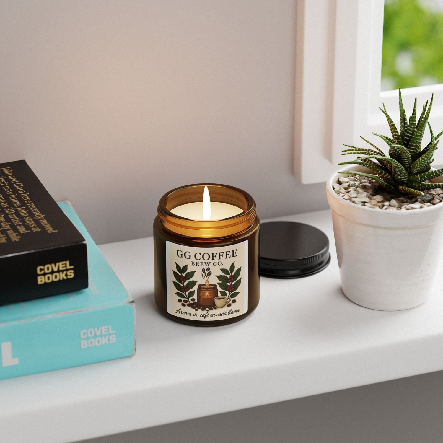 Coffee aroma scented soy candle on shelf, creating warm ambiance with cozy decor and plants.