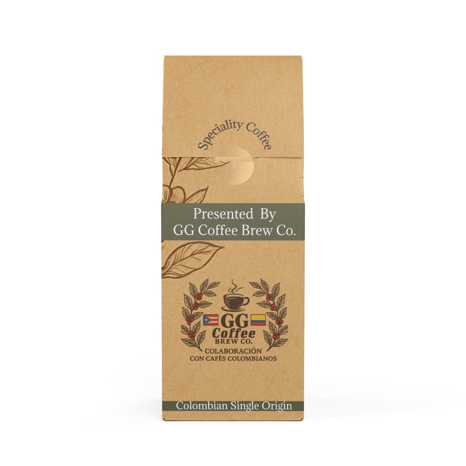 Colombian Single Origin coffee pack by GG Coffee Brew Co, showcasing specialty coffee design.