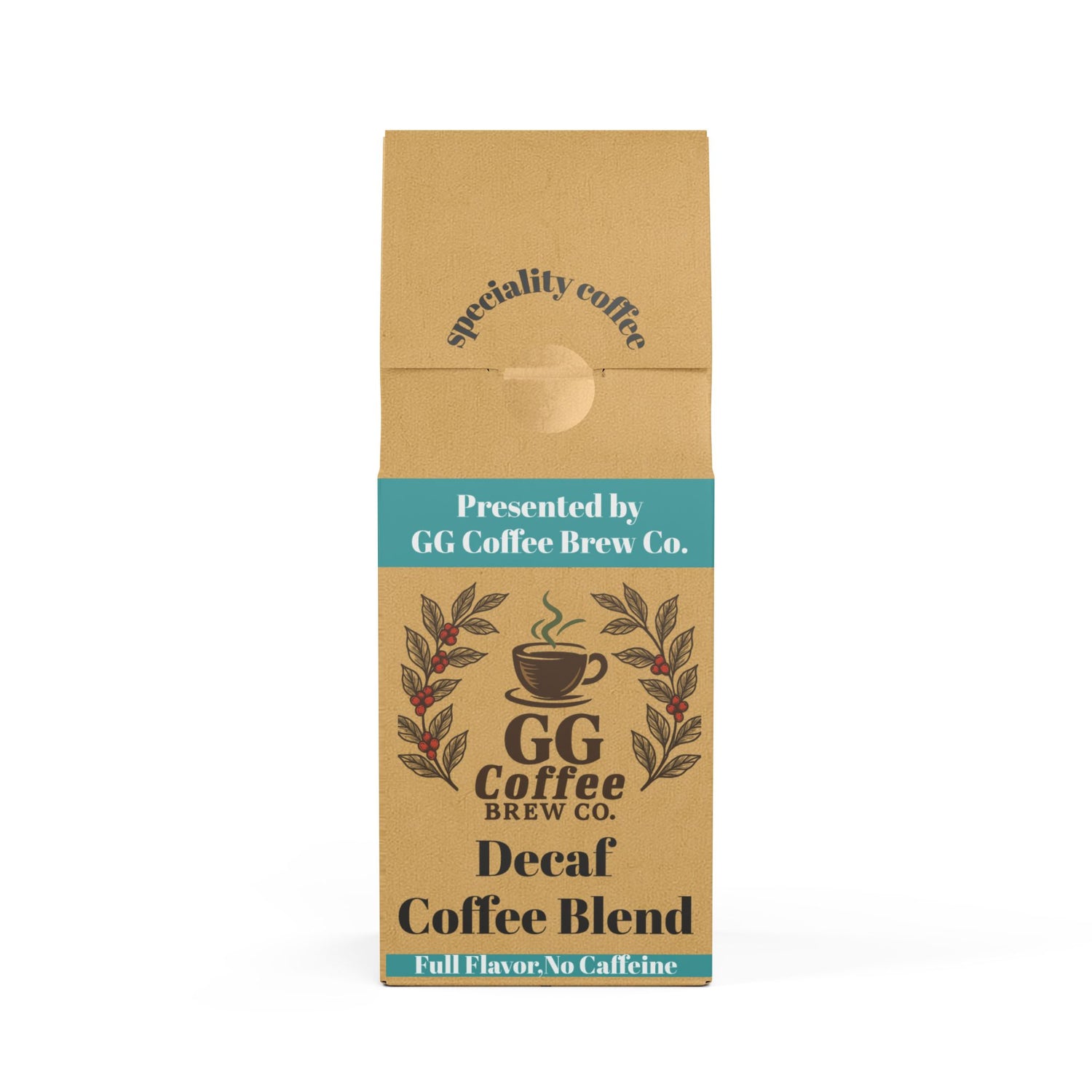 GG Coffee Brew Co. Decaf Coffee Blend packaging, showcasing full flavor with no caffeine in a 12oz box.