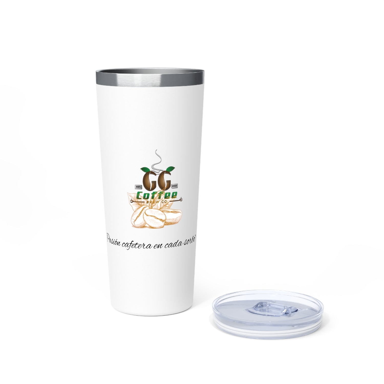 Copper vacuum insulated tumbler with lid, designed for hot and cold beverages, featuring a coffee design.