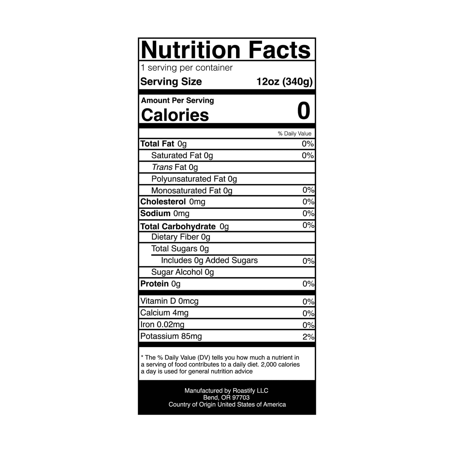 Nutrition facts label for Trapper Peak Decaf Coffee Blend showing serving size and nutritional information.