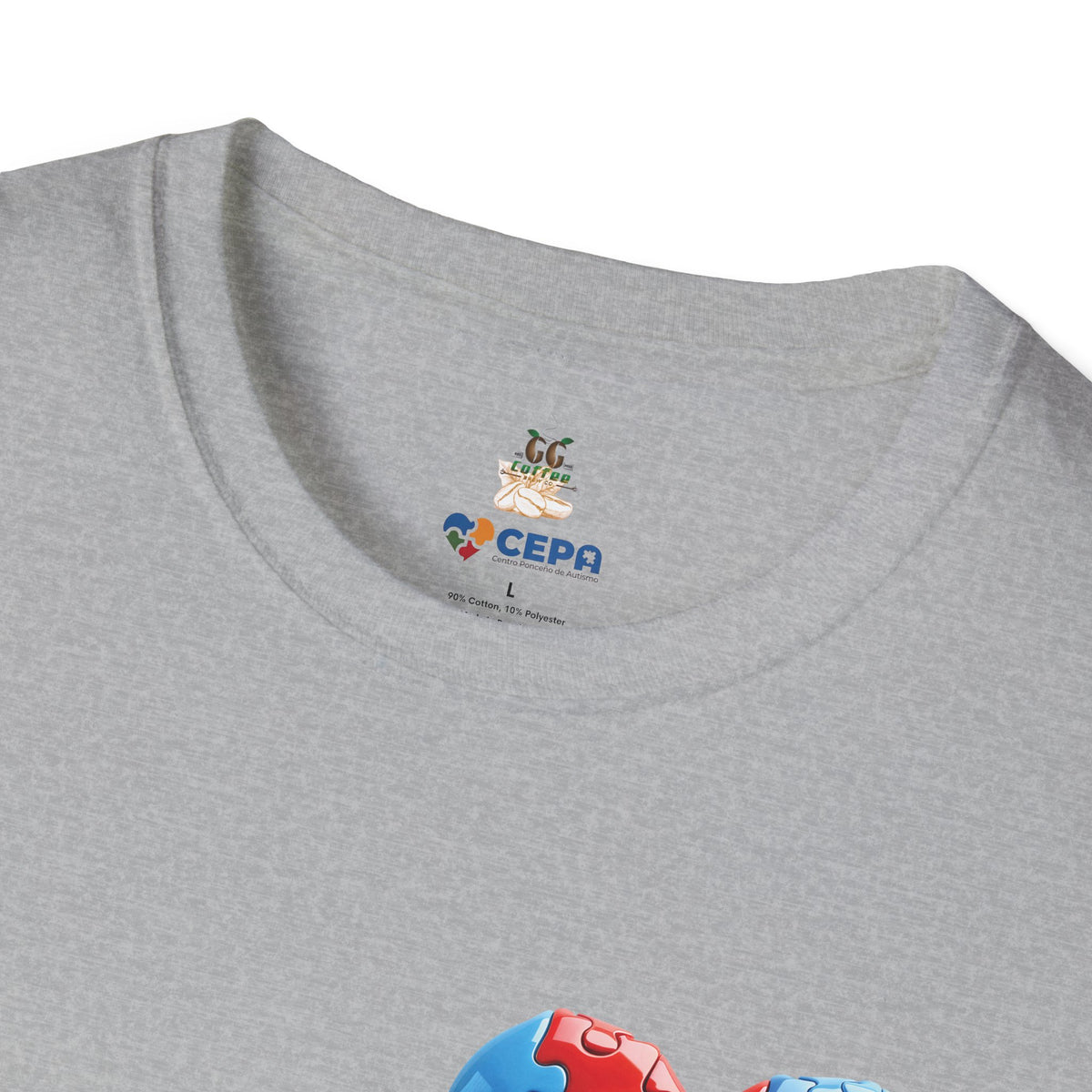 Close-up of a Gray t-shirt showing the GG Coffee Brew Co. and CEPA logo near the collar, representing autism awareness and inclusion.