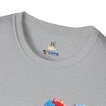 Close-up of a Gray t-shirt showing the GG Coffee Brew Co. and CEPA logo near the collar, representing autism awareness and inclusion.