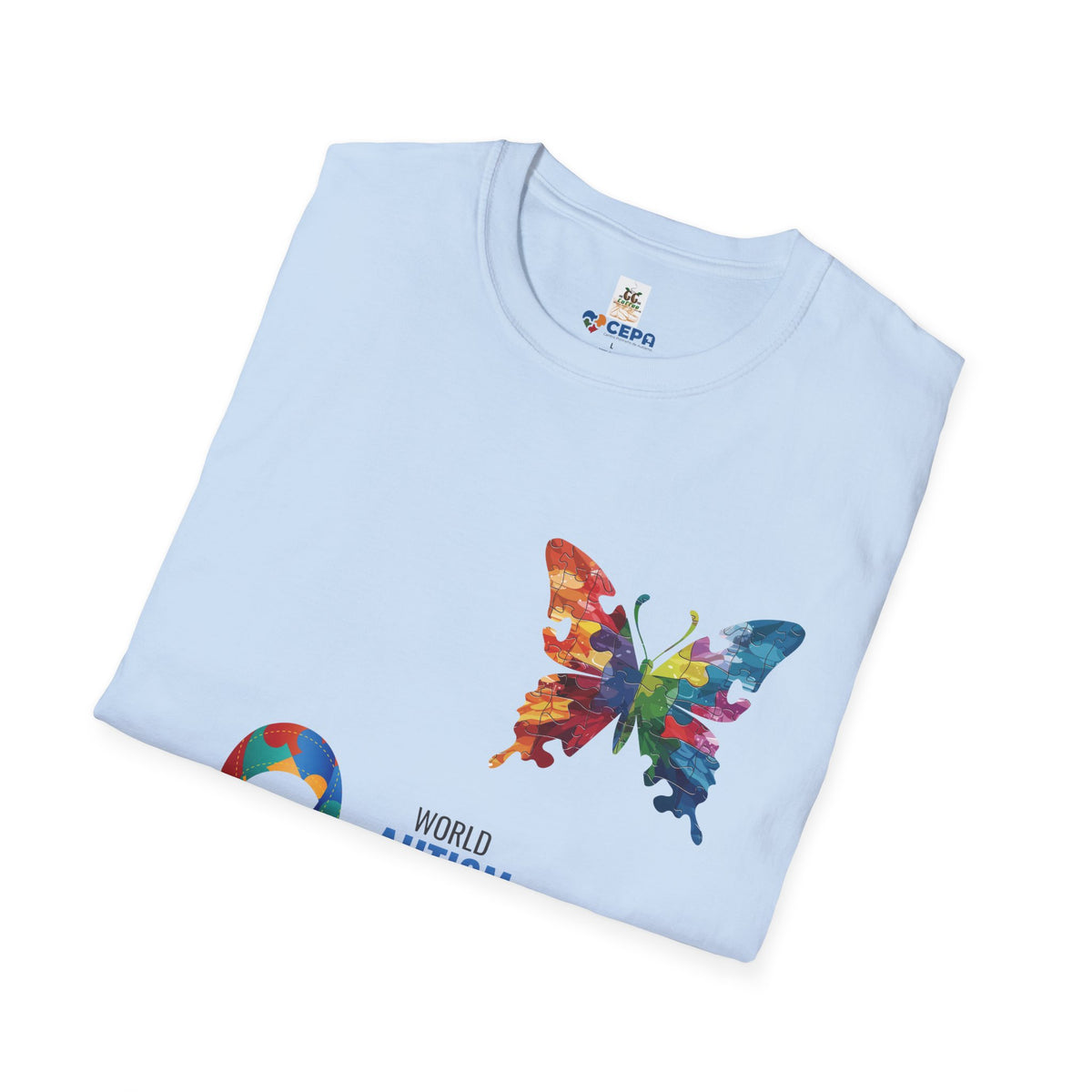 Folded light blue t-shirt featuring a colorful butterfly and puzzle piece design with the CEPA and GG Coffee Brew logos, symbolizing autism awareness and inclusion.