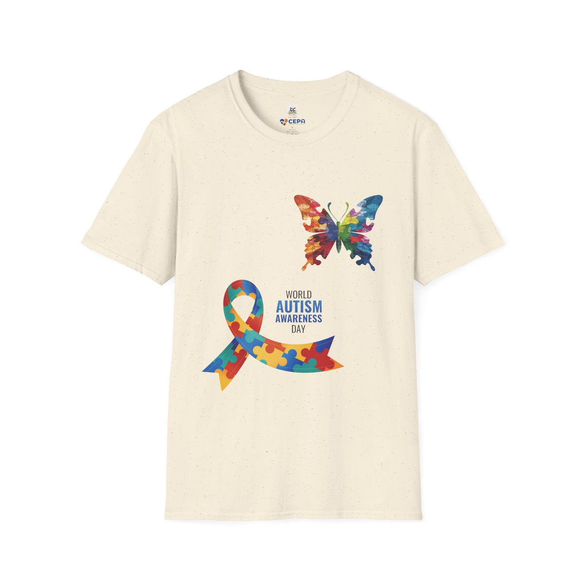 Natural t-shirt featuring a colorful butterfly and multicolored puzzle ribbon design with the word “Autism,” representing autism awareness and inclusion.