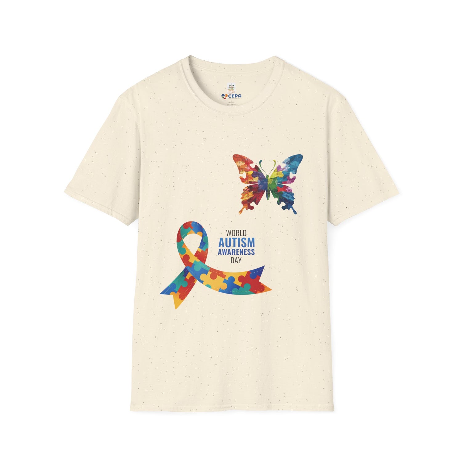 Natural t-shirt featuring a colorful butterfly and multicolored puzzle ribbon design with the word “Autism,” representing autism awareness and inclusion.