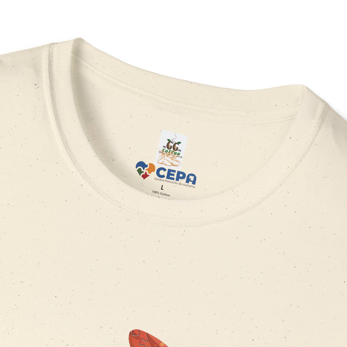 Close-up of a Natural t-shirt showing the GG Coffee Brew Co. and CEPA logo printed near the collar, representing autism awareness and support for inclusion.