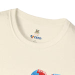 Close-up of a Natural t-shirt showing the GG Coffee Brew Co. and CEPA logo near the collar, representing autism awareness and inclusion.