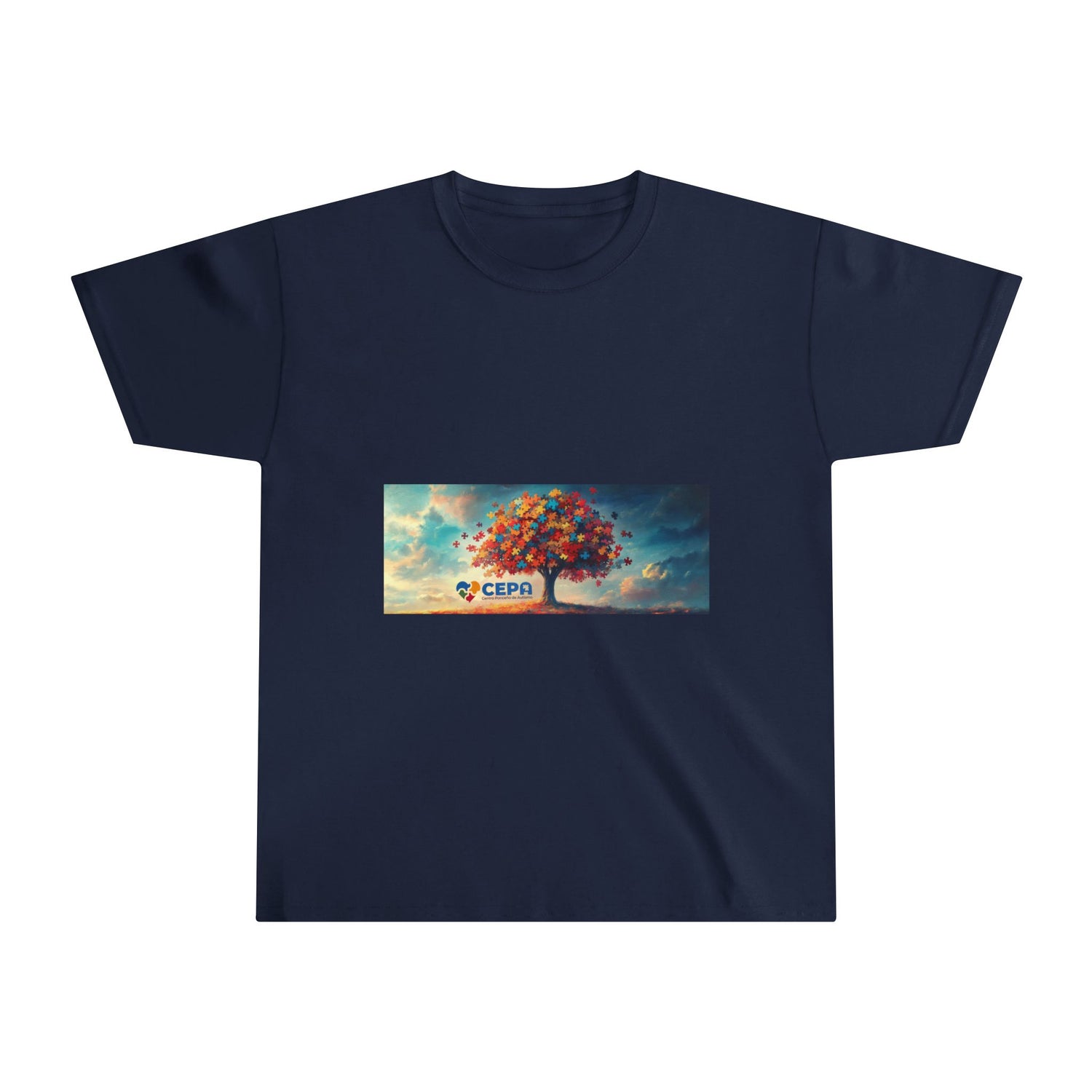 Navy blue t-shirt featuring a vibrant colorful tree made of puzzle pieces with a blue sky background and CEPA logo, symbolizing autism awareness and inclusion.