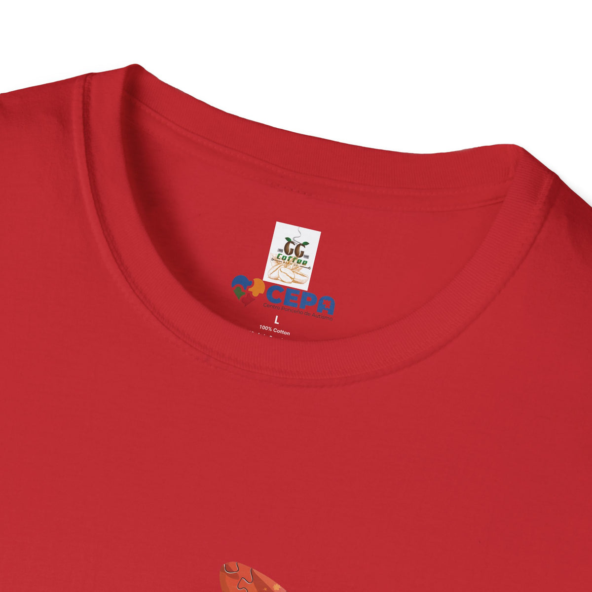 Close-up of a red t-shirt showing the GG Coffee Brew Co. and CEPA logo printed near the collar, symbolizing support for autism awareness.
