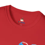 Close-up of a red t-shirt showing the GG Coffee Brew Co. and CEPA logo near the collar, representing autism awareness and inclusion.