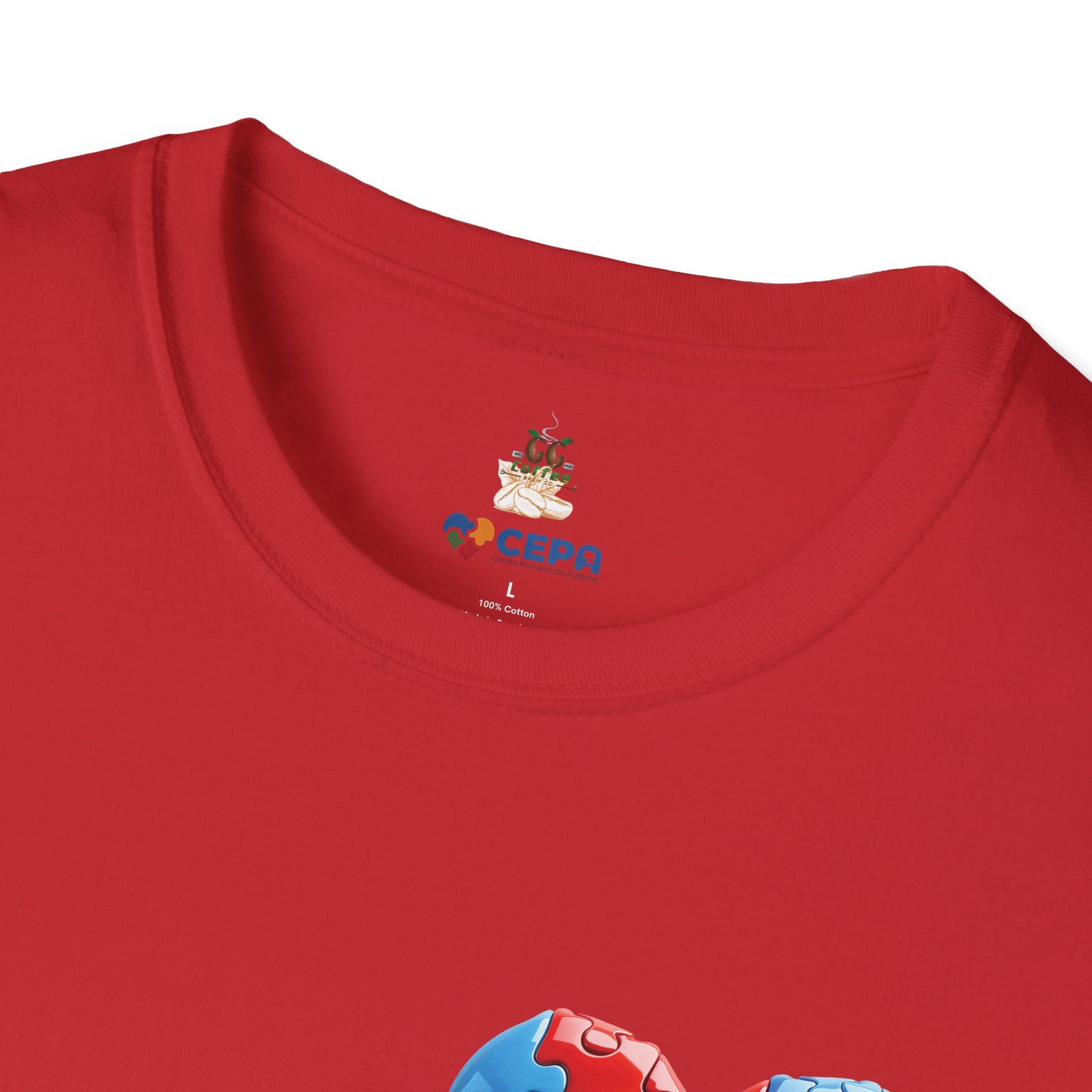 Close-up of a red t-shirt showing the GG Coffee Brew Co. and CEPA logo near the collar, representing autism awareness and inclusion.