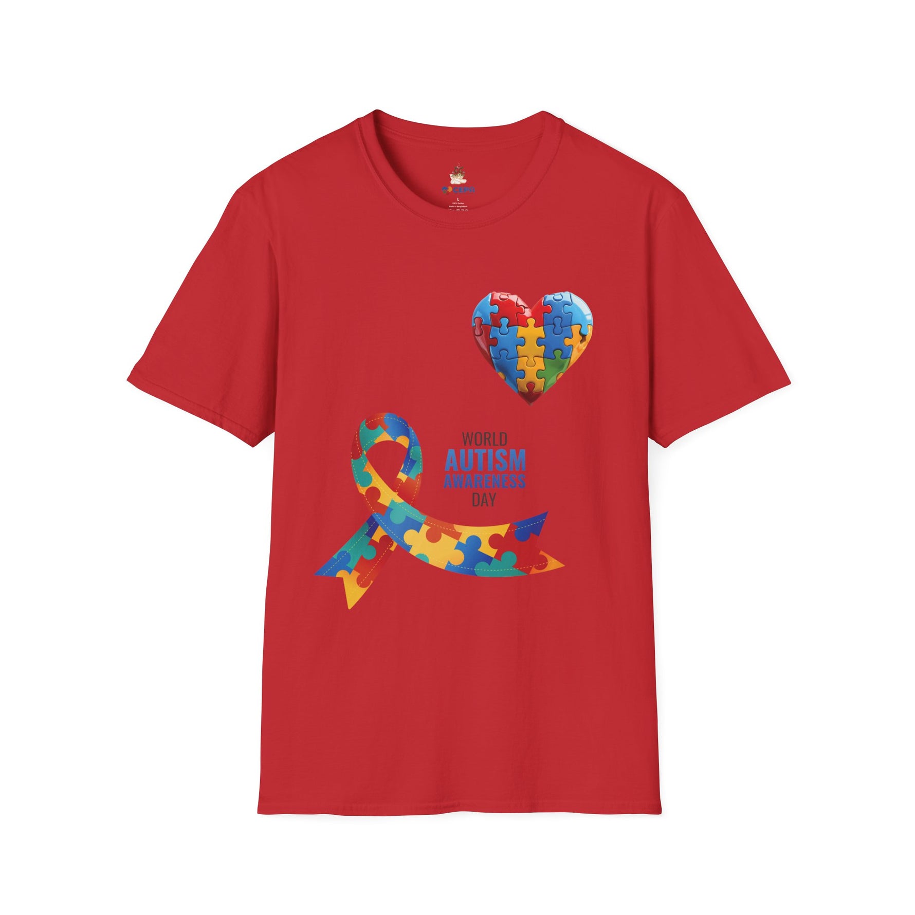Red t-shirt featuring a colorful heart made of puzzle pieces and a multicolored puzzle ribbon with the word “Autism,” symbolizing autism awareness, love, and inclusion.