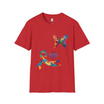 Red t-shirt featuring a colorful puzzle ribbon and multicolored butterfly design with the word “Autism,” symbolizing autism awareness and inclusion.