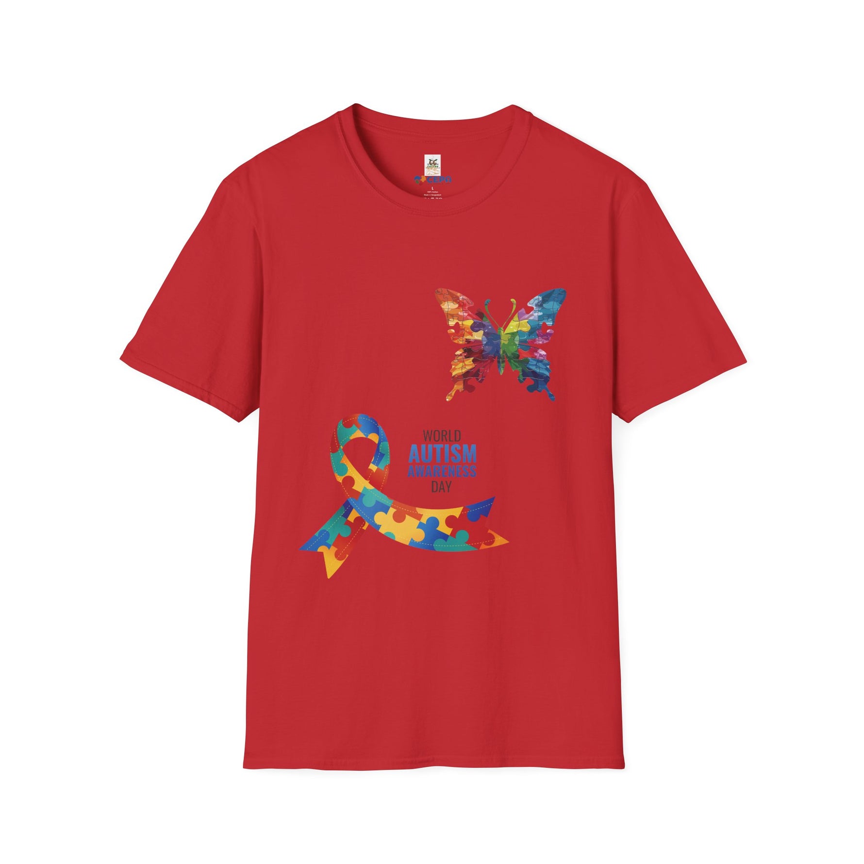 Red t-shirt featuring a colorful puzzle ribbon and multicolored butterfly design with the word “Autism,” symbolizing autism awareness and inclusion.