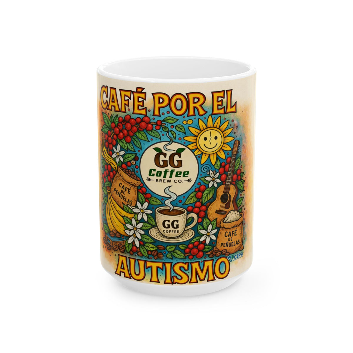 Taza cerámica personalizable 15oz – GG Coffee Brew Co., acabado brillante blanco