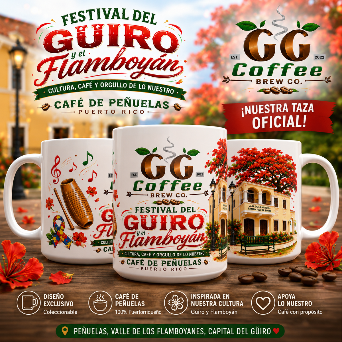 Taza exclusiva Festival del Güiro y Flamboyán Penuelas – diseño cultural puertorriqueño