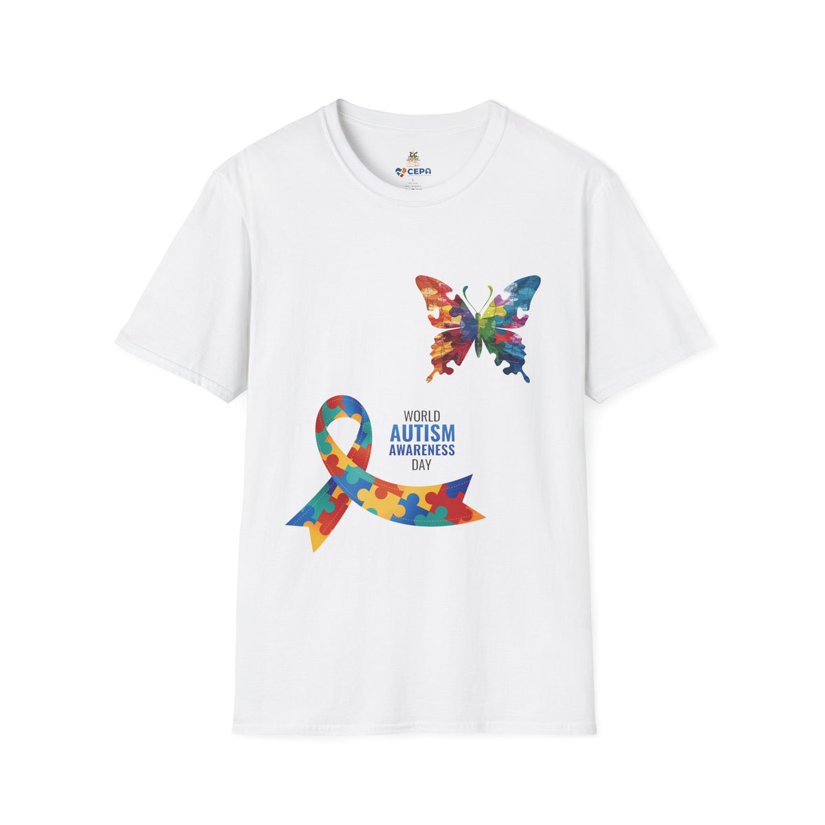 White t-shirt featuring a colorful butterfly and multicolored puzzle ribbon design with the word “Autism,” representing autism awareness and inclusion.