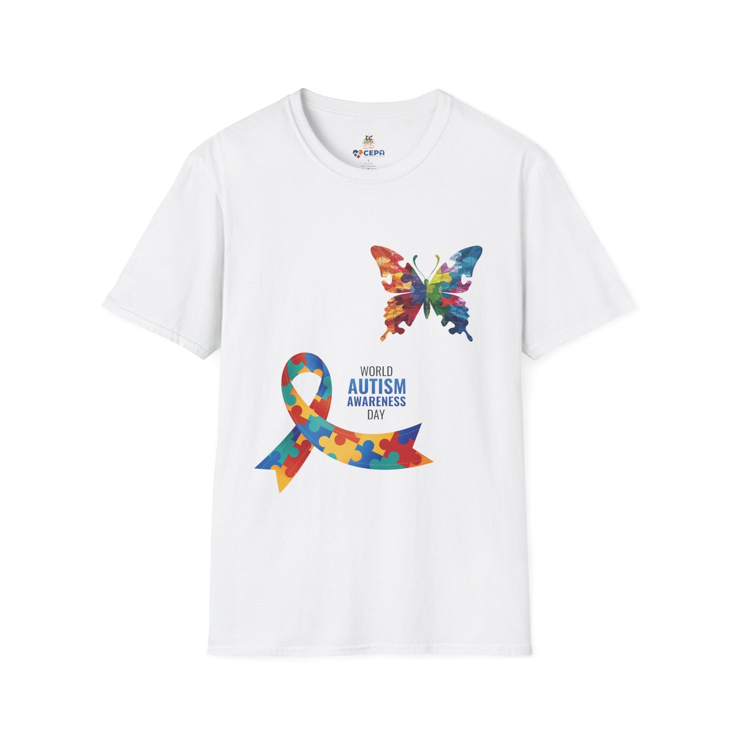 White t-shirt featuring a colorful butterfly and multicolored puzzle ribbon design with the word “Autism,” representing autism awareness and inclusion.