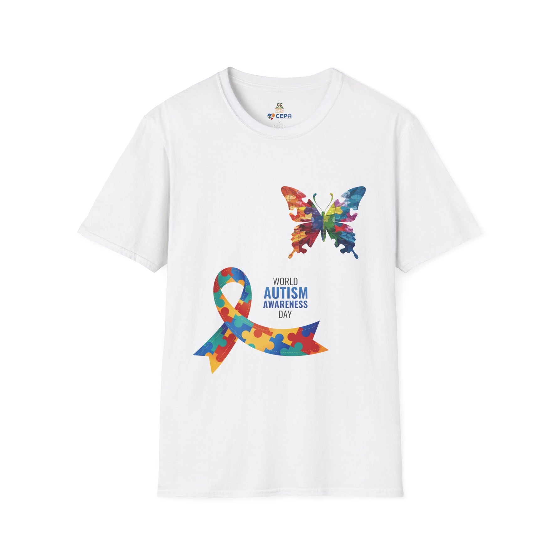 White t-shirt featuring a colorful butterfly and multicolored puzzle ribbon design with the word “Autism,” representing autism awareness and inclusion.