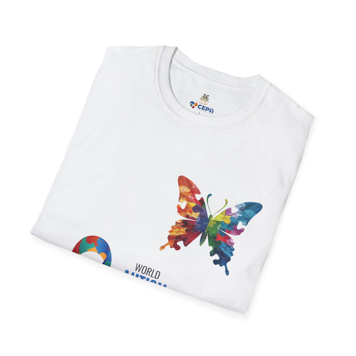 Folded white t-shirt featuring a vibrant multicolored butterfly with puzzle pattern design and the CEPA logo near the collar, symbolizing autism awareness and inclusion.