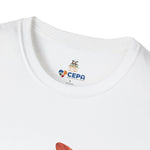 Close-up of a white t-shirt showing the GG Coffee Brew Co. and CEPA logo printed near the collar, representing autism awareness and support for inclusion.