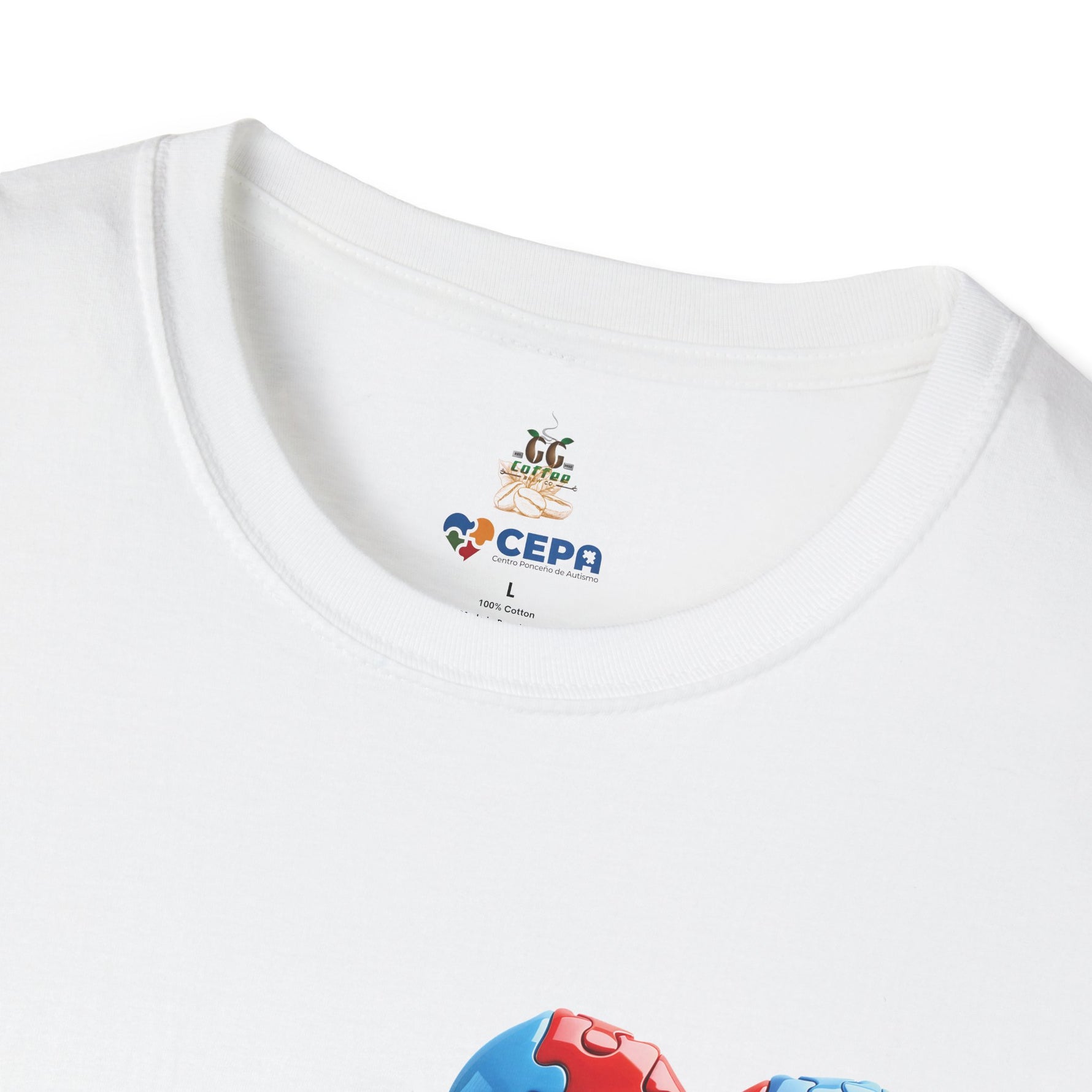 Close-up of a White t-shirt showing the GG Coffee Brew Co. and CEPA logo near the collar, representing autism awareness and inclusion.