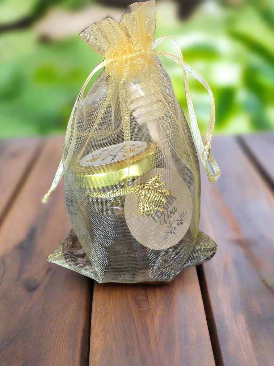 Mini Miel Artesanal con Café en bolsa dorada, ideal para regalo gourmet hecho en Puerto Rico.