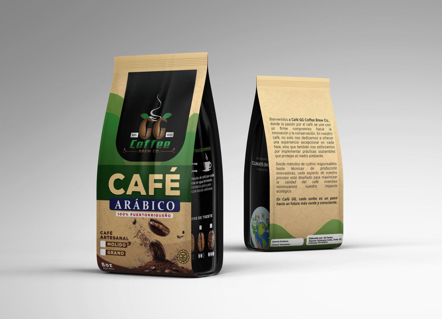 Café Arábico Premium GG Coffee Brew de 8 oz, tueste medio molido y en grano.