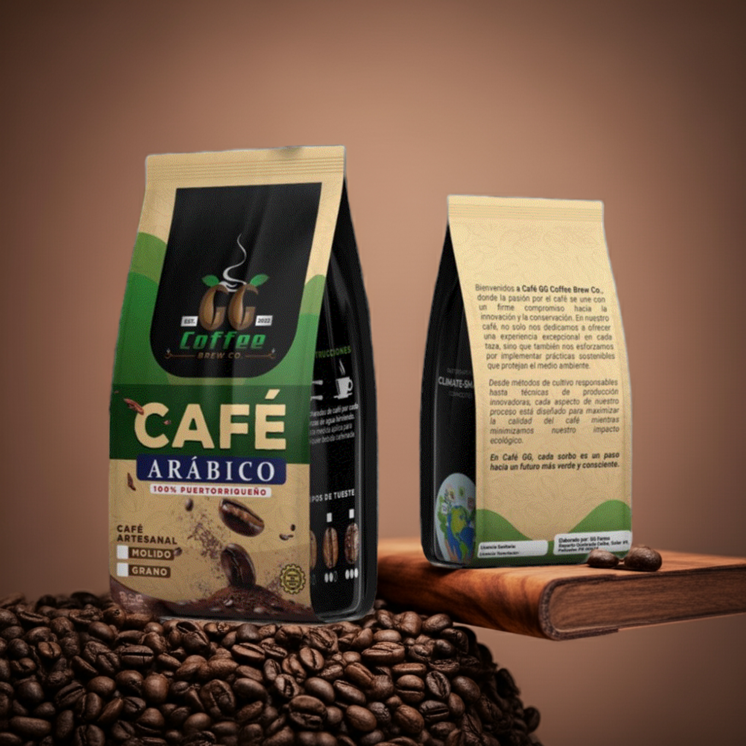 Café Arábico Premium GG Coffee Brew de 8 oz, tueste medio molido y en grano.