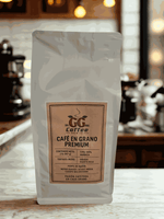 GG BREW XL 2lbs premium whole bean coffee package on a rustic cafe counter.