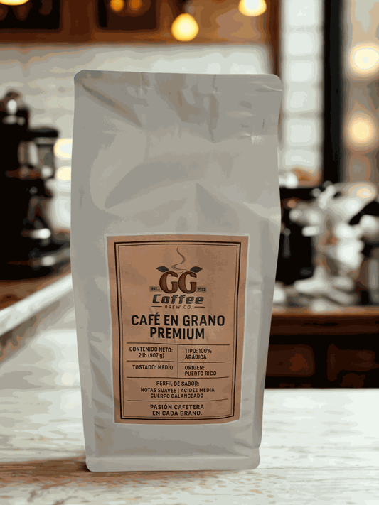 GG BREW XL 2lbs premium whole bean coffee package on a rustic cafe counter.