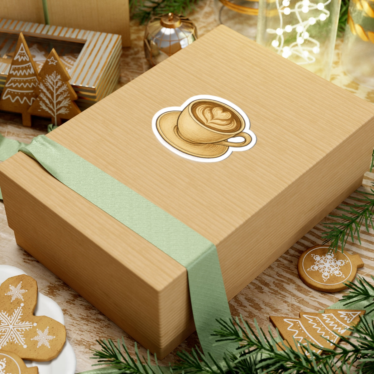 Coffee cup kiss-cut sticker on a wooden gift box, surrounded by festive decorations and treats.