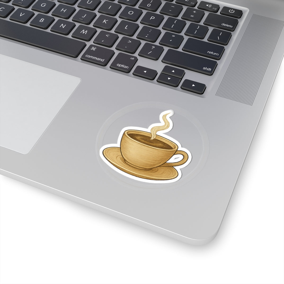 Cozy boho vinyl coffee cup sticker on a laptop, perfect for coffee lovers and aesthetic decor.