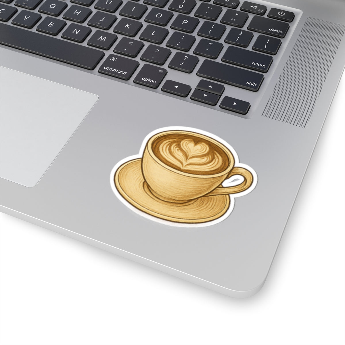 Cute latte art sticker on a laptop, perfect for coffee lovers and personalizing belongings.
