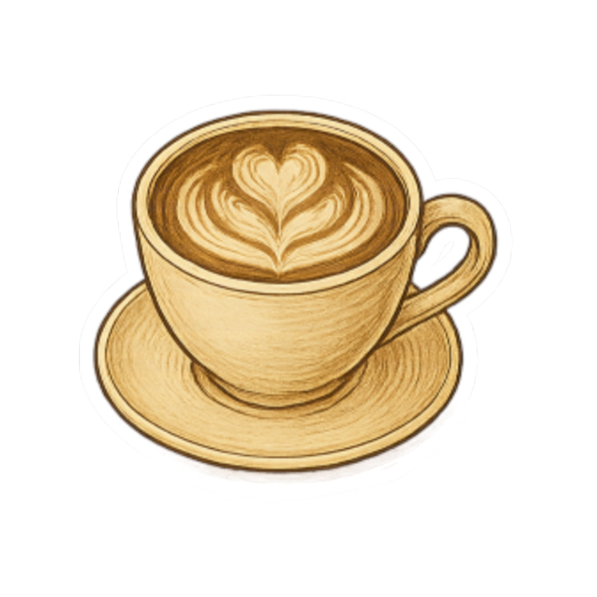 Cute coffee cup with heart latte art design, perfect for stickers and personalizing laptops or journals.
