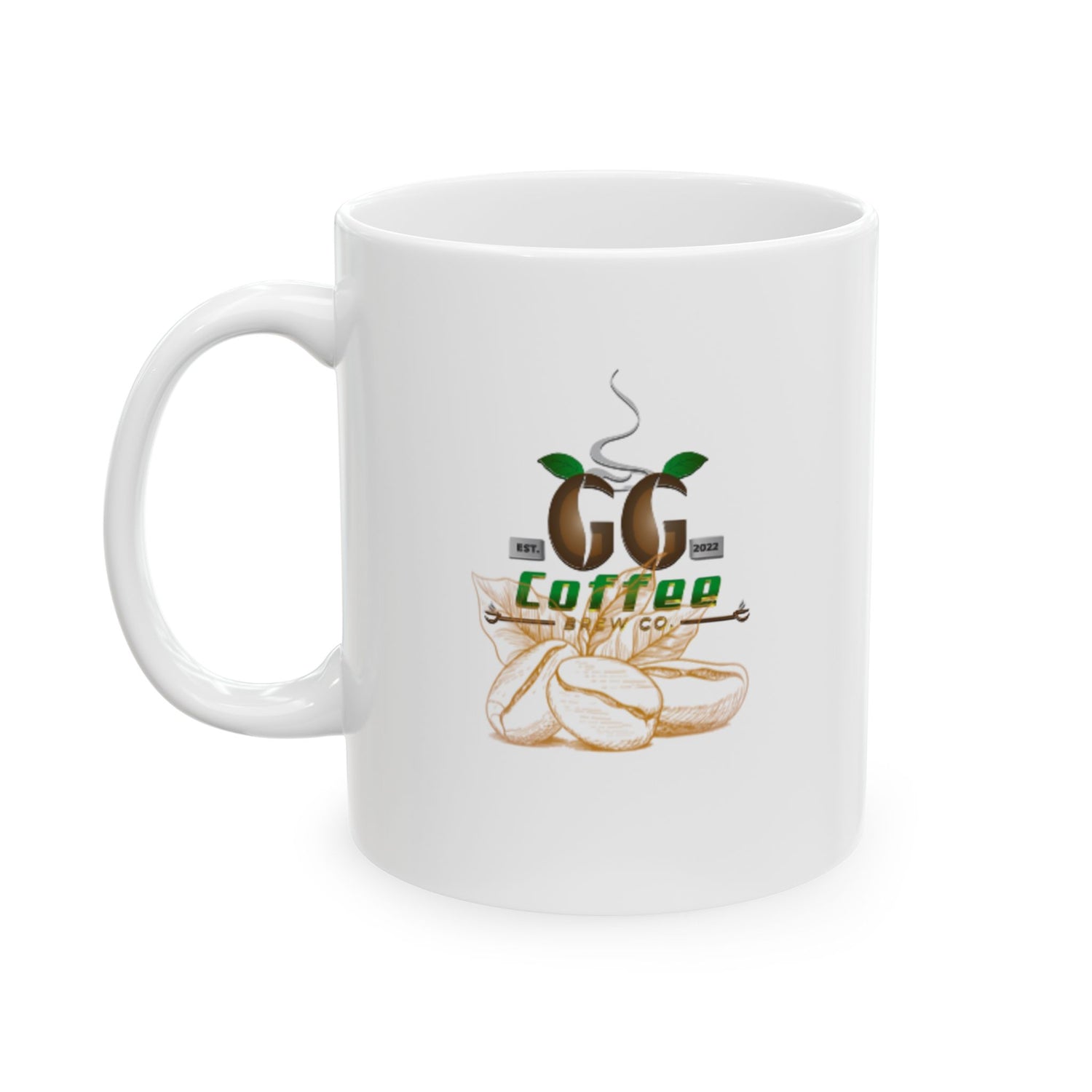 Cozy white ceramic coffee mug featuring GG Coffee logo with coffee beans and steam design.